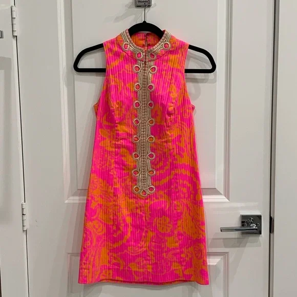 Lilly Pulitzer, Hot Pink/Gold Alexa High Collar Shift Casual Dress